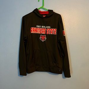 Black Arkansas State University hoodie with red lettering